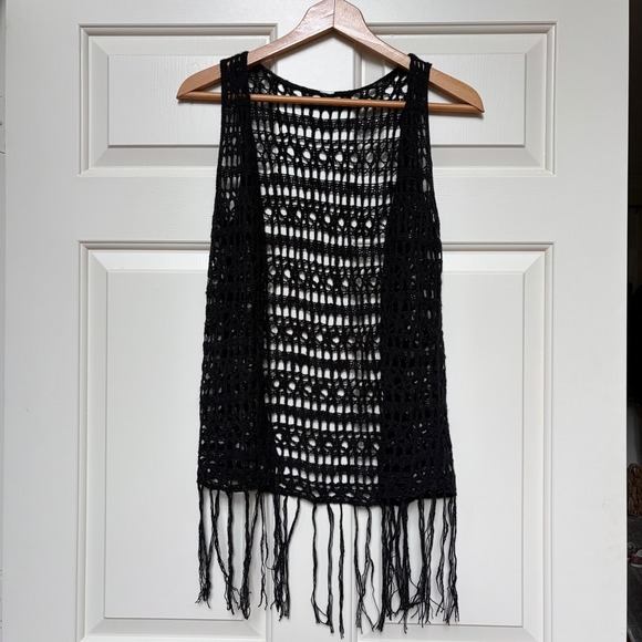 Unbranded Jackets & Blazers - Womens Black Crochet Knit Open Front Fringe Vest Boho Festival Sleeveless Layer